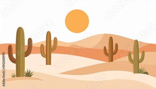 Minimalist Desert Landscape Vector Scene (Dunes, Cactus, Sun)