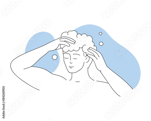 Young man washing hair with shampoo foam, male character massaging scalp vector illustration