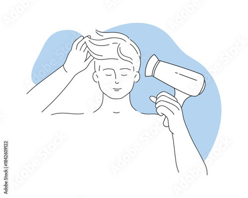 Young man holding hairdryer to dry hair after washing in bathroom vector illustration