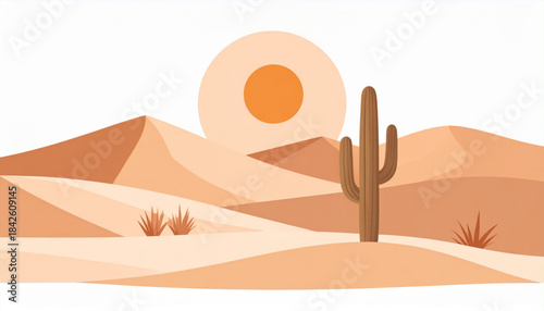 Minimalist Desert Landscape Vector Scene (Dunes, Cactus, Sun)