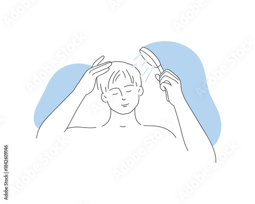 Young man washing hair in shower in morning haircare routine vector illustration