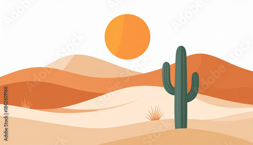 Minimalist Desert Landscape Vector Scene (Dunes, Cactus, Sun)