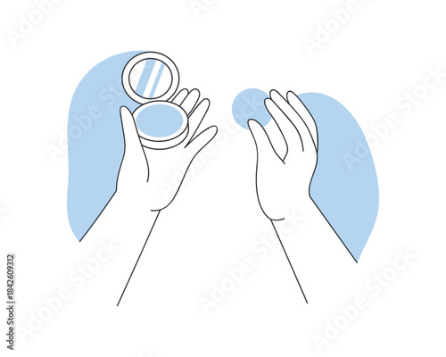 Hands holding sponge and open compact powder packaging with mirror vector illustration
