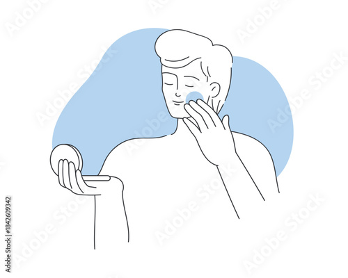 Young man applying compact powder to facial skin with sponge vector illustration