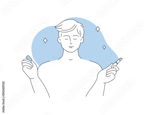 Young man holding package of lipstick to moisturize skin of lip vector illustration