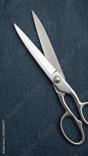 Precision Stainless Steel Fabric Scissors on Blue Denim - Industrial Fashion Ecommerce Image with Copy Space