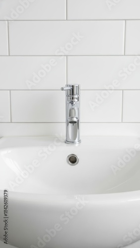 Modern White Ceramic Bathroom Sink with Chrome Faucet Against Subway Tile Wall in Hygienic Interior Setting