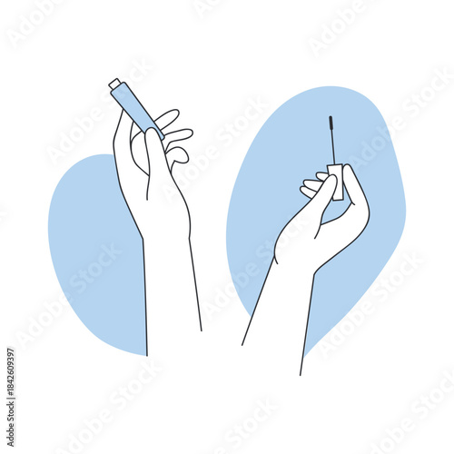 Hands holding open mascara plastic tube and brush for applying product to eyelashes vector illustration