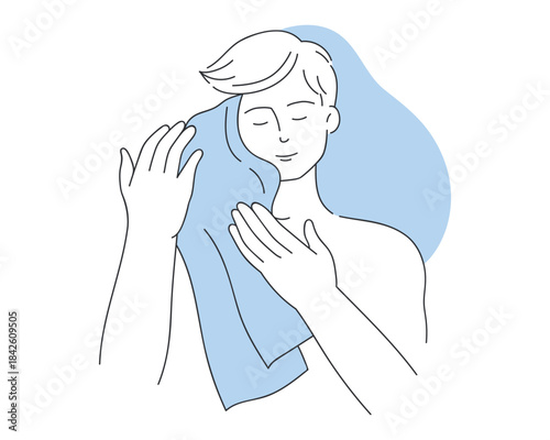 Man wiping face with bath towel, drying skin after shaving vector illustration