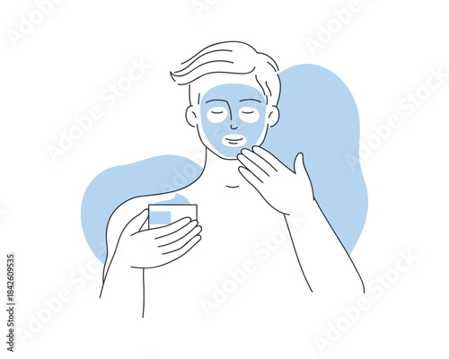 Man holding jar of cream, applying cosmetic product to smooth and moisturize face vector illustration