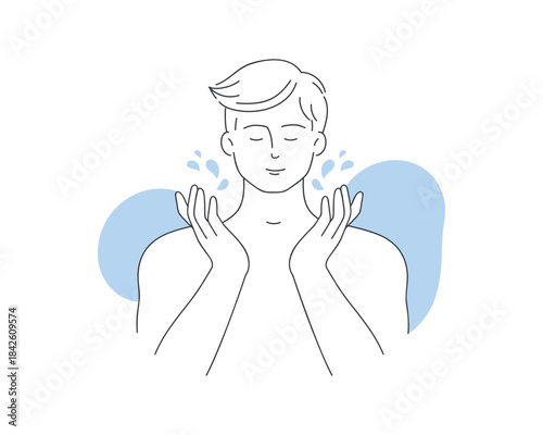 Man splashing drops of water on skin to wash face in morning beauty routine vector illustration