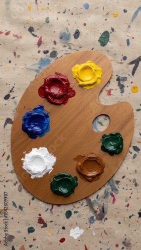 Vivid Oil Paint Palette on Splattered Drop Cloth - Artistic Concept with Text Space | Photorealistic 8k Top-down View