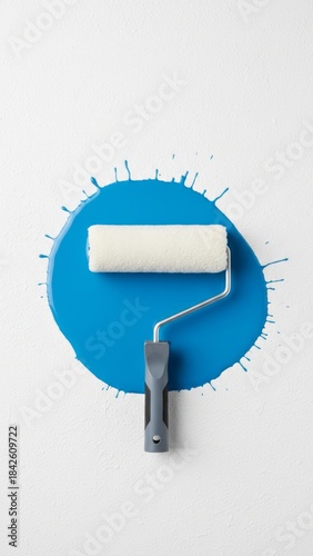 Fresh Paint Roller on Blue Splash - Home Renovation Concept - Photorealistic 8k Image with Copy Space
