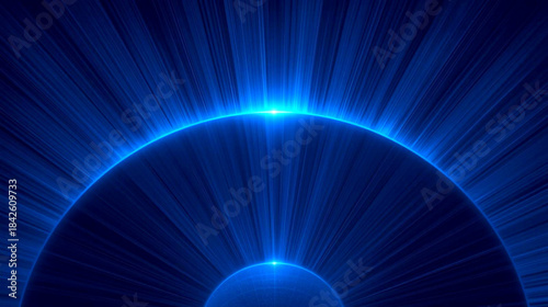 Glowing blue light rays emanating from a bright center in a dark background with radiant beams