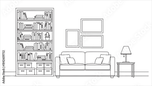 Minimalist line art illustration of living room furniture set