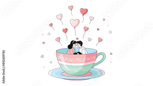 Affection in a Cup: A tender couple embraces within a charming teacup, surrounded by floating heart balloons, creating a whimsical and romantic scene. 