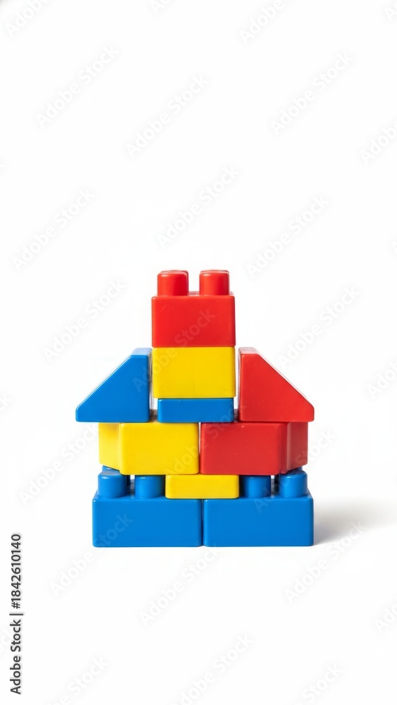 Obraz premium Vibrant Toy Building Blocks Tower on White Background with Playground Lighting for Ecommerce Advertising