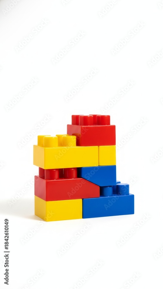 Fototapeta premium Vibrant Toy Building Blocks Tower on White Background with Playground Lighting - Photorealistic 8k Image in Primary Colors