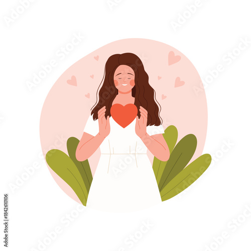 INFJ MBTI type of personality, intuitive introvert holding big red heart vector illustration
