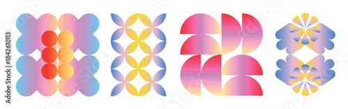 Abstract Gradient Geometric Compositions with Colorful Petal, Circle Cluster, Half Circle and Symmetric Shapes. Futuristic Mesh Design elements for Poster, Background or Digital Art layouts. Vector Il