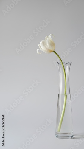 Elegant White Tulip in Glass Vase on Soft Grey Background with Copy Space - Photorealistic 8K Image for Ecommerce