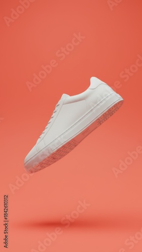 Levitating White Sneaker Against Coral Background - Dynamic Studio Shot with Elegant Minimalism