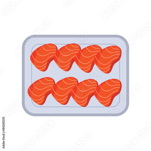 Plastic tray with salmon pieces, top view of white rectangular container with fish vector illustration