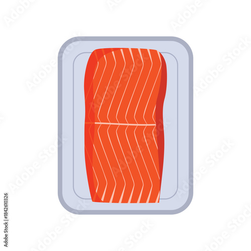 Plastic tray with salmon fillet, top view of rectangular container with piece of fish vector illustration