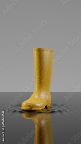 Vibrant Yellow Rain Boot in Puddle - Wet Weather Concept | Photorealistic 8k Isolated Object Image
