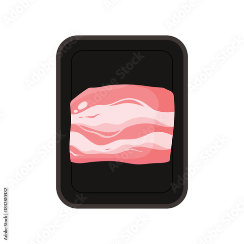 Plastic tray with piece of pork belly, top view of black rectangular container vector illustration