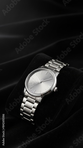 Luxurious Silver Wristwatch on Black Velvet - High Quality Macro Shot with Copy Space