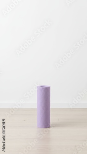 Serene Lavender Yoga Mat Standing on Wooden Floor - Fitness and Wellness Ecommerce Image in Photorealistic 8K Quality