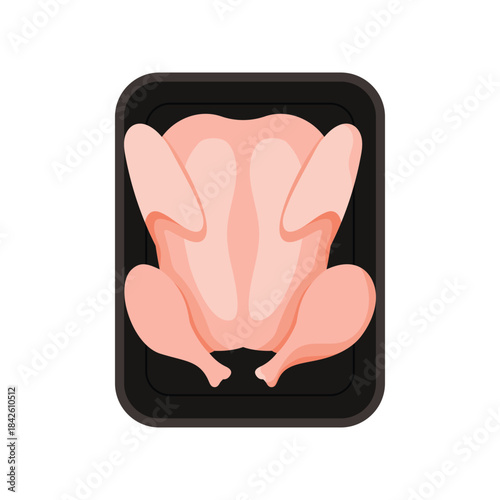 Plastic tray with raw whole chicken, top view of black rectangular container vector illustration