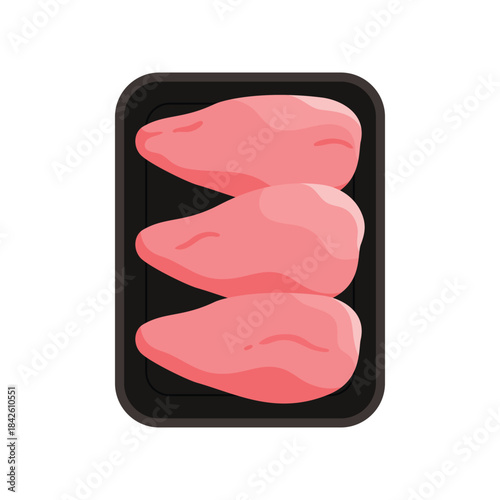 Plastic tray with chilled skinless chicken breasts, top view of black rectangular container vector illustration