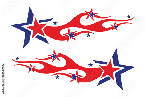 Dynamic vector graphic featuring stylized red flames with bold red and blue stars, embodying a spirit of vibrant energy and patriotic flair, ideal for custom decoration