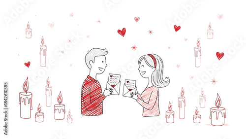 Sealed with Love: a heartwarming illustration depicts a couple exchanging heartfelt letters, surrounded by the warm glow of lit candles and the charming flutter of hearts.