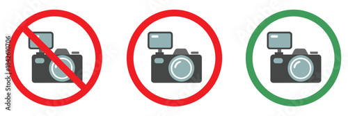 Warning Sign Vector Set Showing No Photos, No Phone, and No Camera Symbols with Red Prohibition Circles and Green Allowed Icons in Clean Minimal Illustration Style for Safety Notices