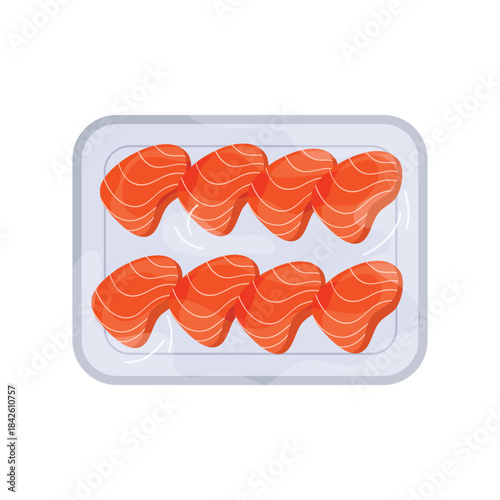 Plastic tray with pieces of fish in two rows, top view of plate with film wrap vector illustration