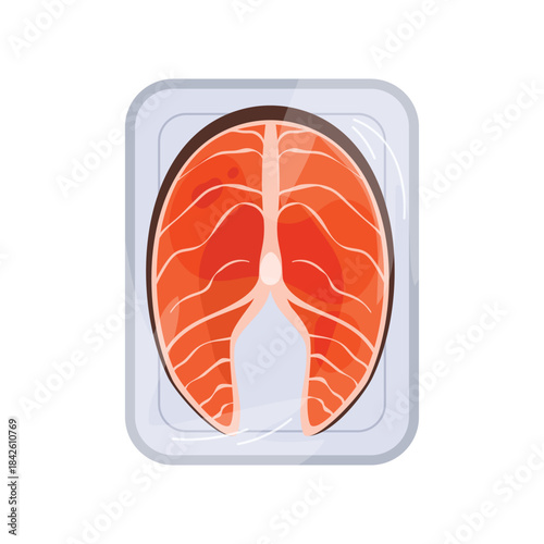 Plastic tray with one salmon steak, top view of white plate with film wrap and fish vector illustration