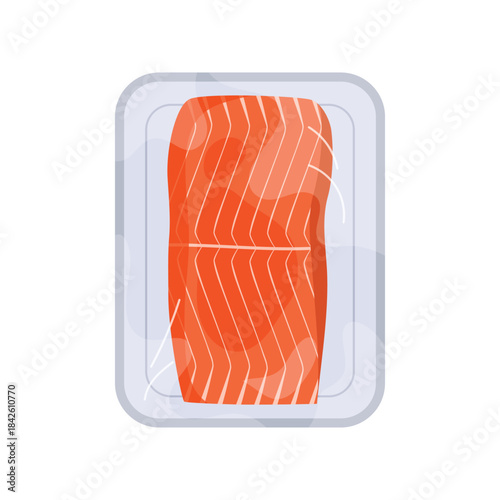 Plastic tray with salmon fillet, top view of white plate with film wrap and fish vector illustration