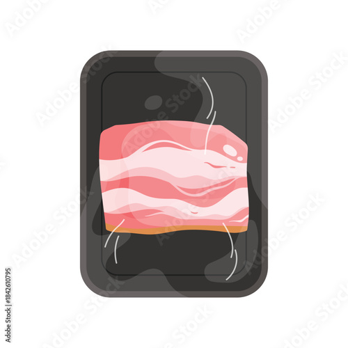 Plastic tray with pork belly slice, top view of black container wrapped in transparent film vector illustration