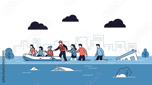 Conceptual illustration Flood disaster emergency, people rescued from rising waters in a submerged city, highlighting community aid and resilience