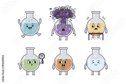 Funny cartoon laboratory glassware characters set showing various chemical reactions and scientific experiments