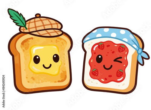 Adorable cartoon toast characters butter and jam or jelly slices smiling happy breakfast food illustration vector