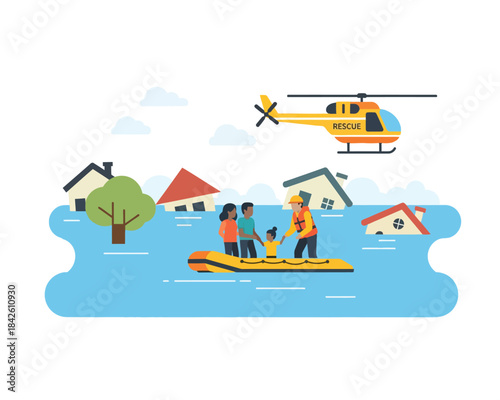 Emergency rescue operation during a severe flood disaster, showing a helicopter and a boat evacuating families from their submerged homes, depicting solidarity and aid