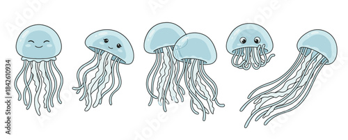 Cute cartoon jellyfish characters collection swimming underwater marine life illustration isolated on white background