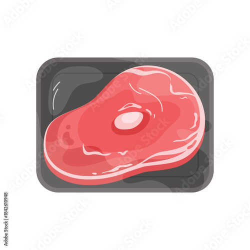 Plastic tray with beef steak, top view of black container wrapped in transparent film vector illustration