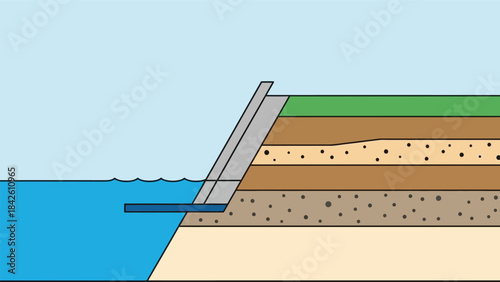 Cross-section illustration of a coastal defense structure showing layers of soil and rock protecting against water