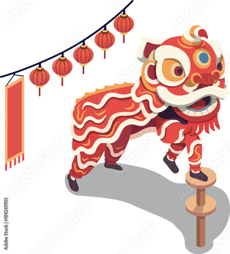 Lion dance performance isometric illustration