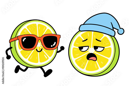 Contrasting Lime Characters: One Energetic and Cool with Sunglasses, One Tired and Sleepy with a Nightcap Vector Illustration
